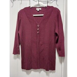 Dressbarn Women's 3/4 Sleeve V Neck Burgundy Top Sweater Size14/16